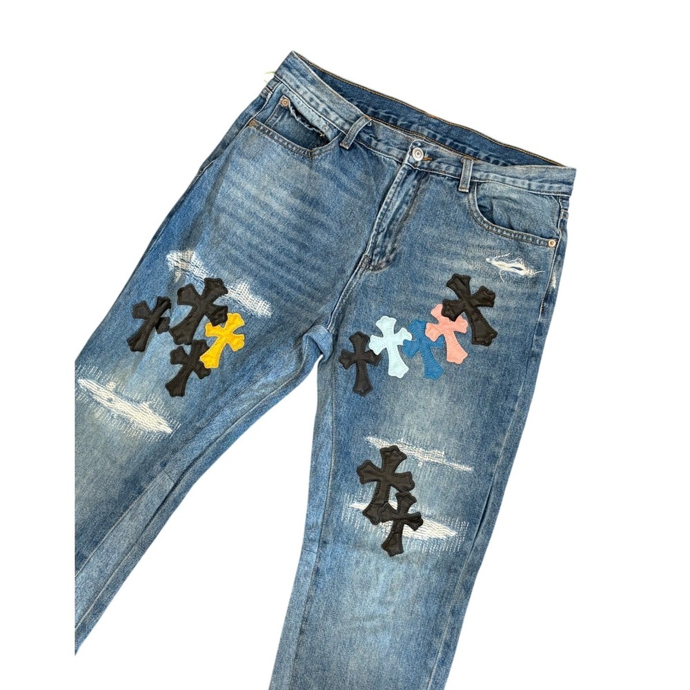 Black Icon Jeans Men 32 Blue Multi-Color Leather Cross Patch Distressed Denim